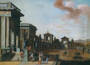 Capriccio Architettonico Con Persone A Passeggio Nella Corte Di Un Palazzo by Alessandro Salucci