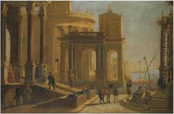 A Capriccio View Of A Palace Beside A Harbour With Figures In Theforeground - view 1