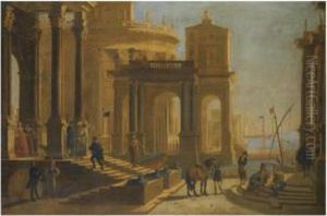 A Capriccio View Of A Palace Beside A Harbour With Figures In Theforeground by Alessandro Salucci