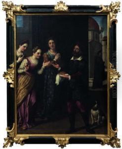 San Nicola Offre La Dote Alle Tre Fanciulle. Sullo Sfondo, Scorcio Di Firenze San Nicola Offre La Dote Alle Tre Fanciulle. Sullo Sfondo, Scorcio Di Firenze