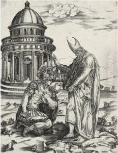 Alexander The Great Kneeling Before The High Priest Of Ammon by Rancesco De' Rossi (see Salviati, Cecchino Del)