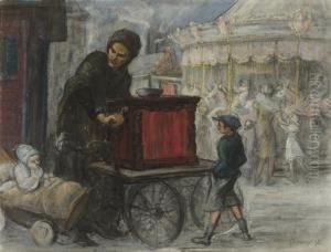 Femme Jouant A L'orgue De Barbarie Avec Sa Famille Devant Uncarrousel by Louis Henri Salzmann