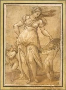 Sybille En Pied Avec Deux Amours Dont L'un Tenant Une
Tablette by Orazio Samacchini
