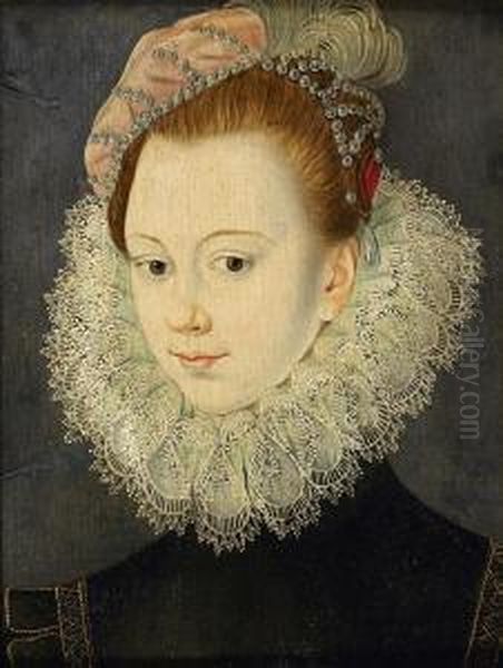 Portrait De Jeune Femme A La Fraise Et A La Coiffe De Plumes Et Deperles - view 1