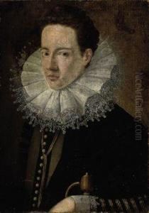 Portrait Of A Gentleman, Bust-length, In A Black Jacket With A Laceruff, His Right Hand Resting On The Hilt Of A Sword by Alonso Sanchez Coello