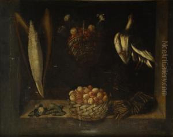 Cesto De Albaricoques Con Esparragos Y Guisantes, Un Cesto De Frutas Y Otros Objetos Colgados En Una Ventana - view 1