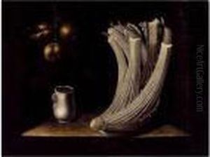Still Life With A Cardoon, A Pewter Drinking Cup And Hanging Apples by Juan Sanchez Cotan