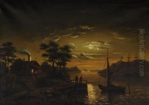 Marina Di Notte Con Barche, Casolare E Figure