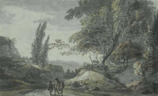 Travellers Conversing On A Country Road In A Wooded Landscape - view 1