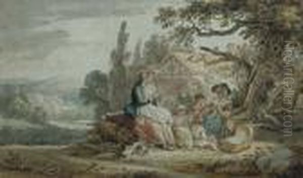 A Family Outside A Cottage - view 1