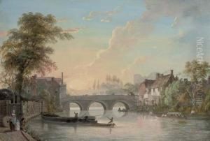 View Of Tonbridge, With The Bridge And Houses, Coal And Pleasure Boats In The Foreground And The Castle Keep Beyond View Of Tonbridge, With The Bridge And Houses, Coal And Pleasure Boats In The Foreground And The Castle Keep Beyond