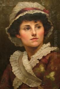 Portrait Of A Young Woman, Bust Length Wearing A White Bonnet Withscarlet Bow And Red Floral Dress