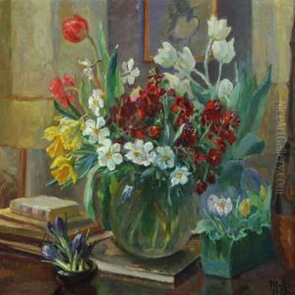 Still Life With Books And Flowers In Vases - view 1