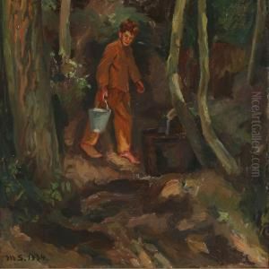 A Boy Fetching Water In The Forest