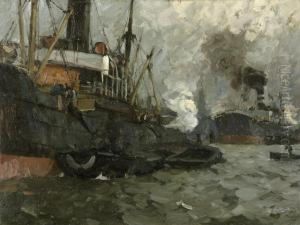 Dampfer Im Hamburger Hafen by Leonhard Sandrock