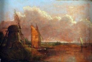 River Scene With Barge By A Windmill