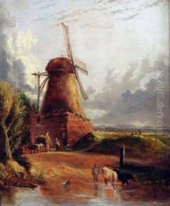 Figures, Horse And Cart, Cattle By A Mill by Anthony Sandys