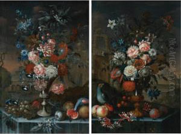 Active In The Beginning Of The 18th Century
 Still Life Of Flowers In A Silver Urn, With Grapes, Other Fruit And A Parrot, All Resting On A Table With A Landscape Beyond; Still Life Of Flowers In A Silver And Gilt Urn With Cherries, Other Fruit And A Parr - view 1