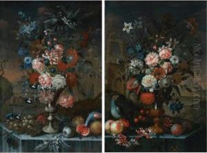 Active In The Beginning Of The 18th Century
 Still Life Of Flowers In A Silver Urn, With Grapes, Other Fruit And A Parrot, All Resting On A Table With A Landscape Beyond; Still Life Of Flowers In A Silver And Gilt Urn With Cherries, Other Fruit And A Parr