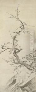 Sparrows On Plum Branch by Kano Sanraku