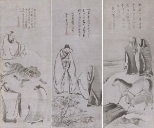 Horses And Zen Monks; Tiger And Lohans; Peony And Zen Monks by Kano Sanraku