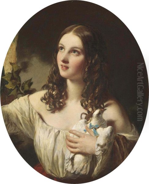 Portrait Of A Young Girl, Half-length, In A White Muslin Dress With A Red Sash, Holding A Dove - view 1