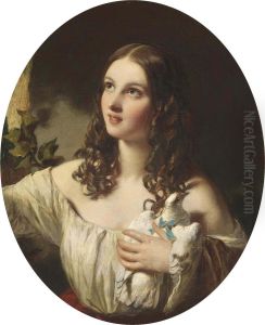 Portrait Of A Young Girl, Half-length, In A White Muslin Dress With A Red Sash, Holding A Dove