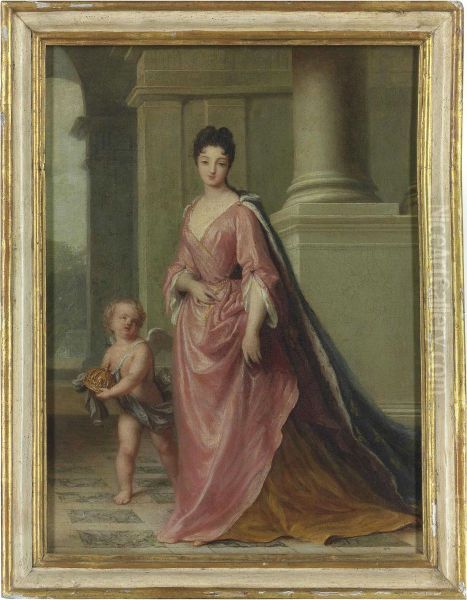 Portrait Of Marie Adelaide, Princesse De Savoie, Duchesse De Bourgogne, Subsequently Dauphine De France And Mother Of The Future King Louis Xv, Full-length, On A Terrace, With A Cupid At Her Side Carrying A Crown - view 1
