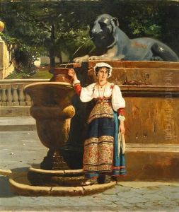 A Peasant Girl Standing At A Fountain