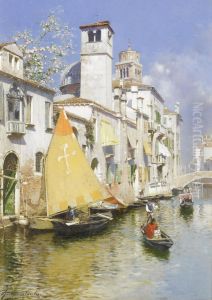 Gondolas On A Venetian Canal by Rubens Santoro