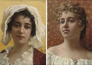 Girl With The Gold Broach; And Girl In A White Bonnet by Edgardo Saporetti
