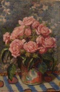 A Still Life Of Pink Roses In A Vase On A Table A Still Life Of Pink Roses In A Vase On A Table