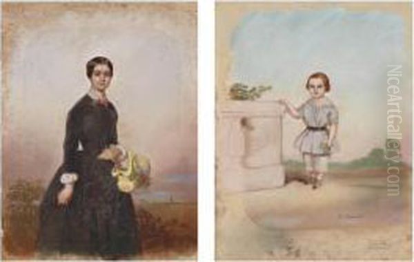Portrait De Femme A La Corbeille De Fleurs; Et Portrait D'homme Tenant Un Chapeau - view 1