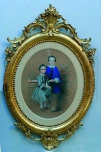 Portrait En Pied De 2 Enfants. by Honore Charles Sardou