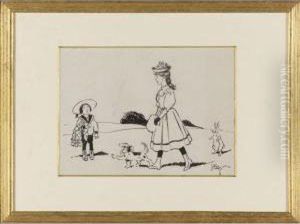 Two Children, A Dog And Arabbit Two Children, A Dog And Arabbit