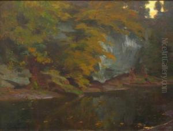 Depicting Three American Indians Along A River Bank - view 1
