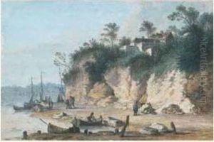 Village De Pecheurs Au Bord D'un Fleuve by Jean Baptiste Sarrazin