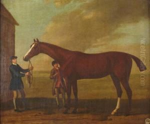 Study Of A Chestnut Racehorse With Groom And Jockey by J. Francis Sartorius