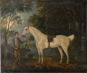 A Grey Hunter With Groom And Spaniel In A Landscape by J. Francis Sartorius