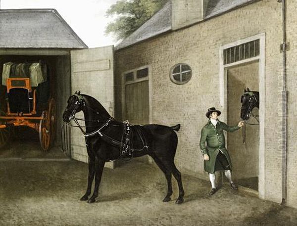 A Groom With A Pair Of Carriage Horses - view 1