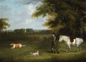 A Sportsman With His Dogs And Pony In A Wooded Landscape