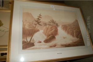 Colonial Waterfall With Pines And Log
Cabin by Richard Sasse