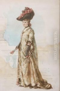 Portrait Of A Young Womanin A Flowered Hat, Watercolor, Signed L/r by Walter Satterlee
