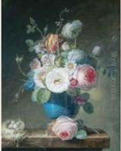 Vase De Fleurs Avec Un Nid Poses Sur Un Entablement.