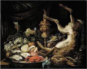 Still Life With A Hare, A Gold Finch, A Gold Chalice, Some Grapes, A Lemon And A Plate Of Shell Fish, On A Table