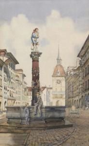 Pfeiferbrunnen In Der Spitalgasse Mit Kafigturm. by Louis Saugy