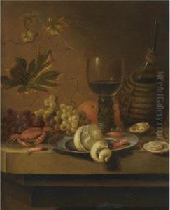A Still Life With A Peeled Lemon On Pewter Plate With Oranges, Prawns, Oysters, A Crab by Dirk Sauts