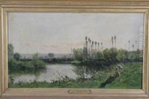 Jeune Femme A L'ombrelle Pres De La Riviere by Adrien Jacques Sauzay