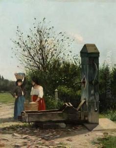 Zwei Wascherinnen Am Brunnen by Adrien Jacques Sauzay