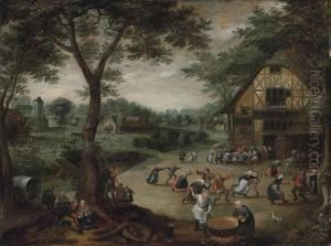 A Village Kermesse With Figures Dancing And Drinking In Front Of A Tavern, Houses And A Church In A Wooded Landscape